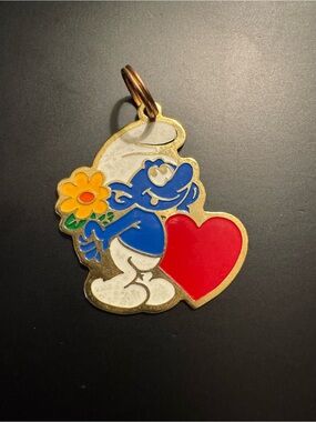 Vintage Smurf Enamel Pendant Gold Tone Heart Flower Cartoon Charm